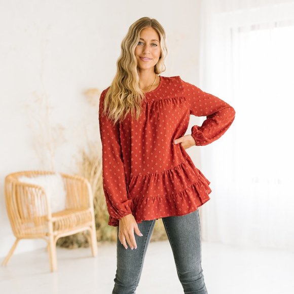 Long Sleeve Rust Colored Ruffle Top - Picture 1 of 7